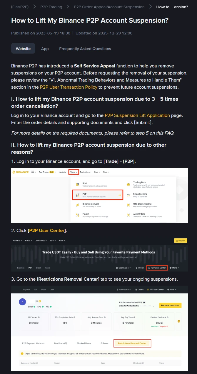 Binance 帮助中心《How to Lift My Binance P2P Account Suspension》页面：说明 P2P 新增自助申诉功能，第一节讲因 3 到 5 次取消订单被暂停的解除方法，第二节列出进入 P2P 用户中心、限制解除中心的步骤