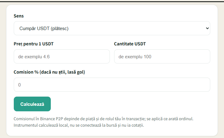 Calculatorul de sumă a ordinului de pe acest site: alegi direcția, introduci prețul, cantitatea și comisionul și afli suma reală