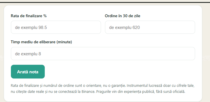 Instrumentul de evaluare rapidă a comerciantului P2P de pe acest site: introduci rata de finalizare, numărul de ordine și timpul mediu de eliberare