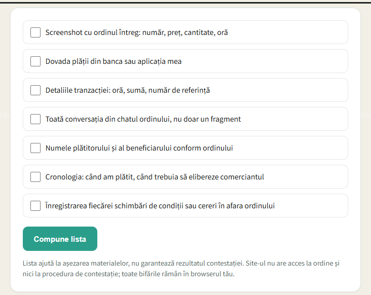 Lista de dovezi de pe acest site: bifezi ce ai deja, iar restul rămâne vizibil ca material lipsă