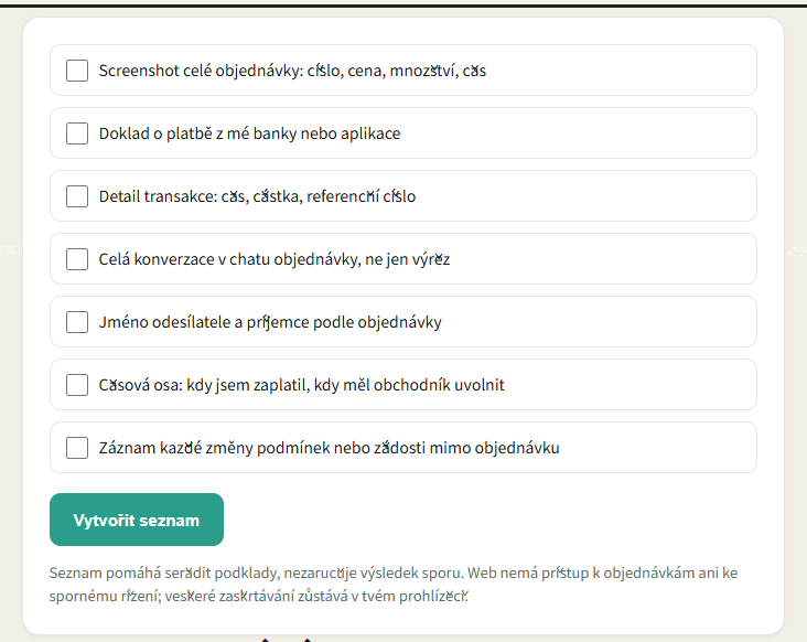 Generátor seznamu důkazů na tomto webu: zaškrtnete, co už máte, a vidíte, co chybí