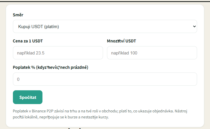 Kalkulačka částky objednávky na tomto webu: zvolíte směr, zadáte cenu, množství a poplatek a vyjde skutečná částka