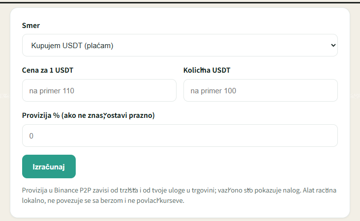 Kalkulator iznosa naloga na ovom sajtu: biraš smer, unosiš cenu, količinu i proviziju i dobijaš stvarni iznos