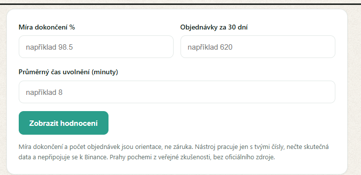 Nástroj pro rychlé posouzení P2P obchodníka na tomto webu: zadáte míru dokončení, počet objednávek a průměrný čas uvolnění
