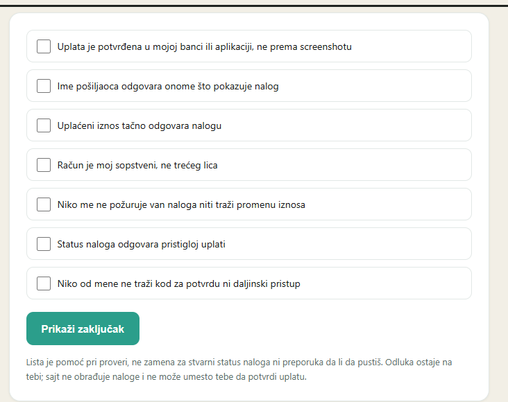Kontrolna lista pre puštanja kripta na ovom sajtu: sedam provera koje se označavaju jedna po jedna pre dugmeta u nalogu