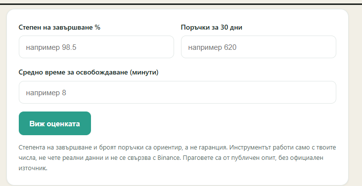Инструментът за бърза оценка на P2P търговец на този сайт: попълваш степен на завършване, брой поръчки и средно време за освобождаване