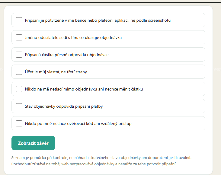 Kontrolní seznam před uvolněním krypta na tomto webu: sedm kontrol, které se odškrtávají jedna po druhé před tlačítkem v objednávce